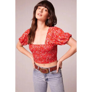 🆑Red Floral Smocked Puff Sleeve Crop Top With Bow-Tie Back Small